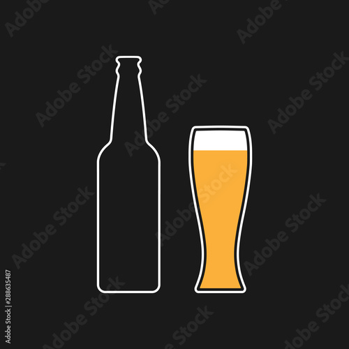 Mock up contour of a beer glass bottle and glass. Dark menu design background.