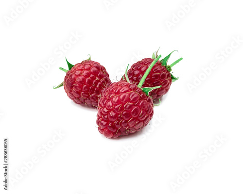 Raspberries. Sweet and fresh berry with a prickly spine and on a white background with a sunny shadow. Summer seasonal fruits.