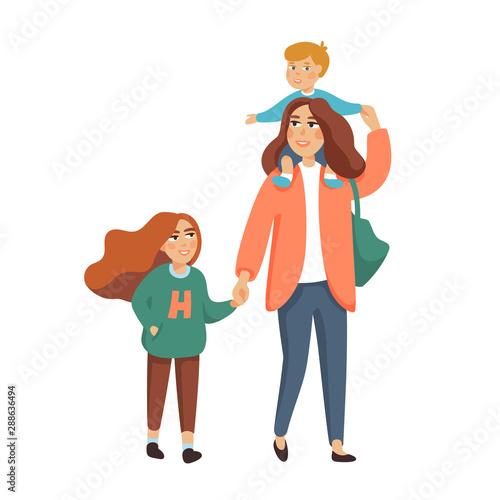 Young stylish Mother or nanny, babysitter walking with 2 kids. Happy family. cartoon style illustration
