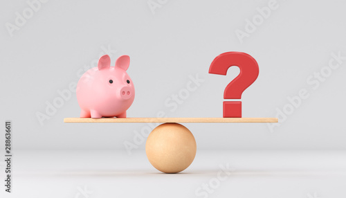 Piggy bank and question mark on the scales on a white background. 3d render illustration.