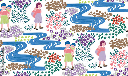 Vector seamless background illustration about girls with babies on their backs. The modern design of Korea. Design for fabric, web design, print project, poster, brochure and rapping 