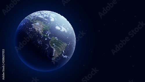 Pixelated Earth, 3D blocks planet, digital world abstract toy planet in space, aligned right. (Elements of this image furnished by NASA)