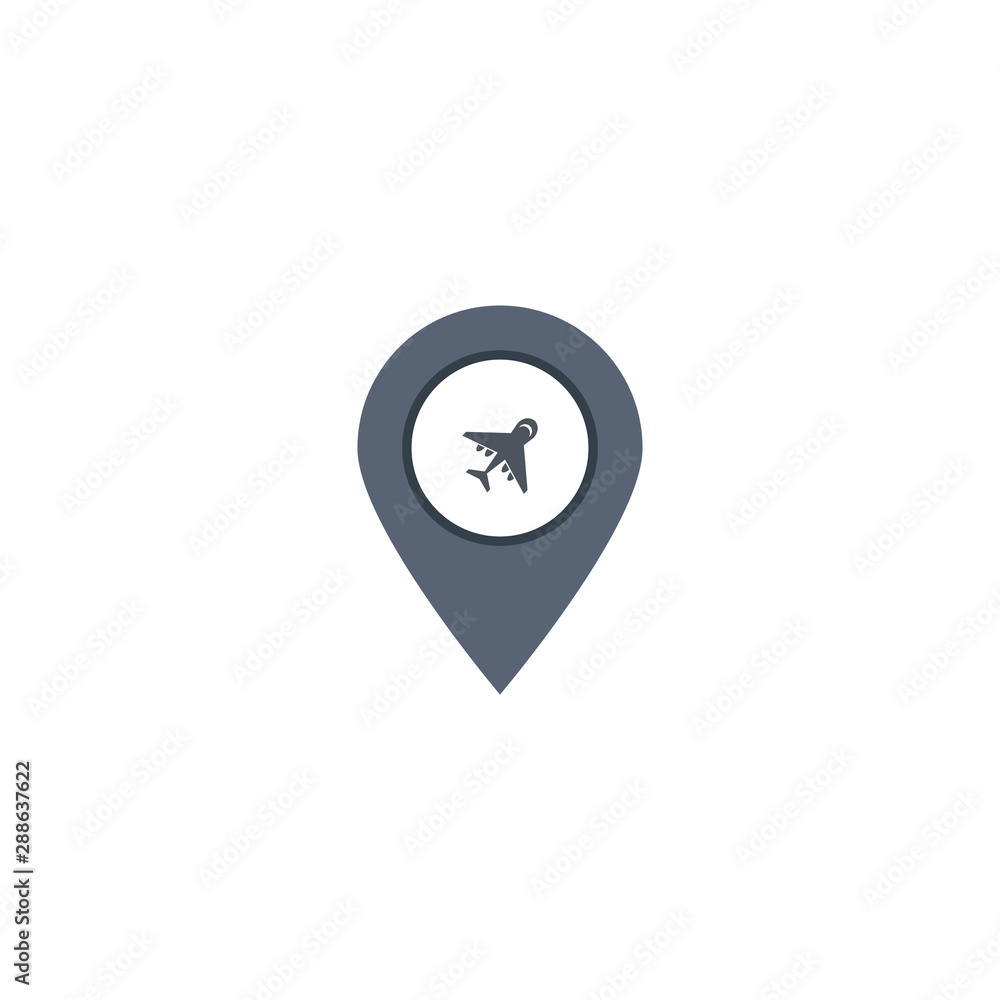 location pin airplane icon. vector symbol on white location pin airplane icon. vector symbol on white