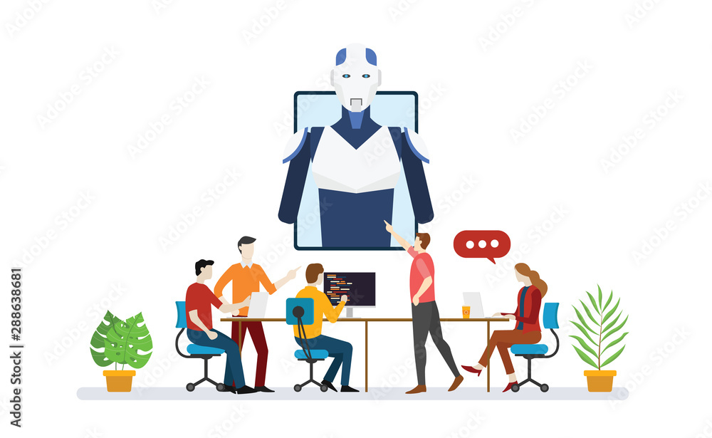 Obraz premium ai artificial intelligence robot team developer programmer with script technology discussion with modern flat style - vector