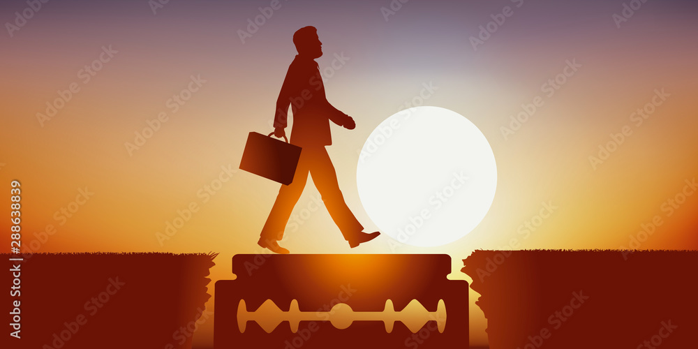 Φωτογραφία Concept de l’audace et du goût du risque, avec un homme d’affaire sûr de lui, qui franchit un obstacle en traversant symboliquement une crevasse sur le fil d’un rasoir