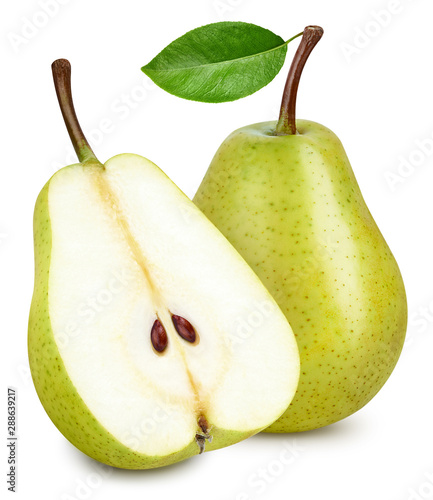 Green pear with a leaf isolated on white. Pear Clipping Path. Professional studio photo