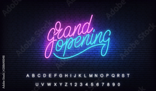 Grand opening neon. Glowing lettering neon billboard sign for opening ceremony