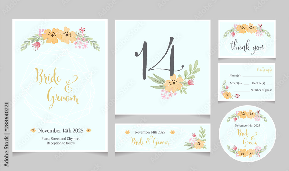 watercolor flowers on blue background wedding invitation stationary eps10 vectors illustration