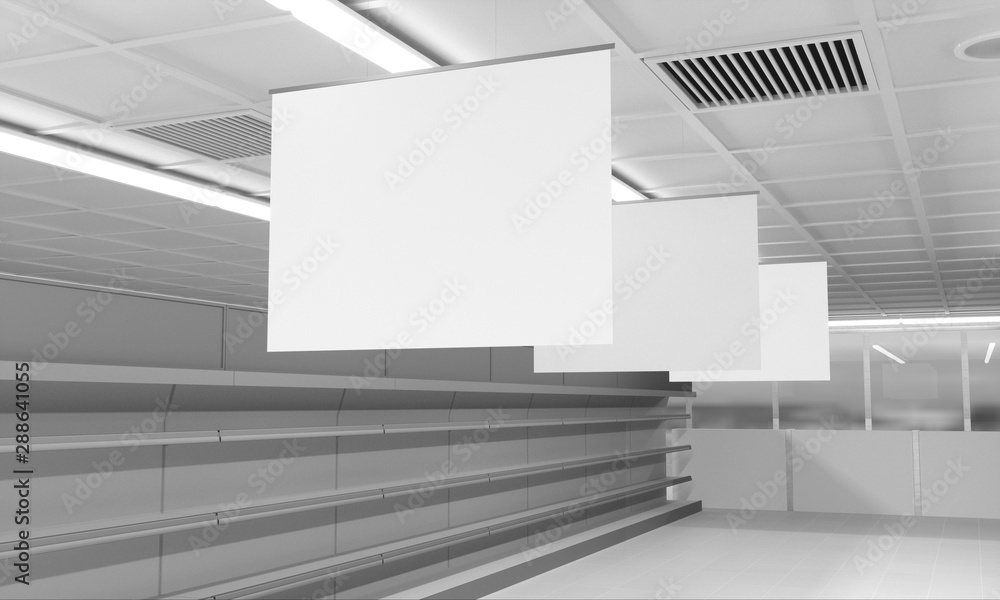 Obraz premium Blank Supermarket Banners Template. Big White Hangers in Shop. 3D rendering