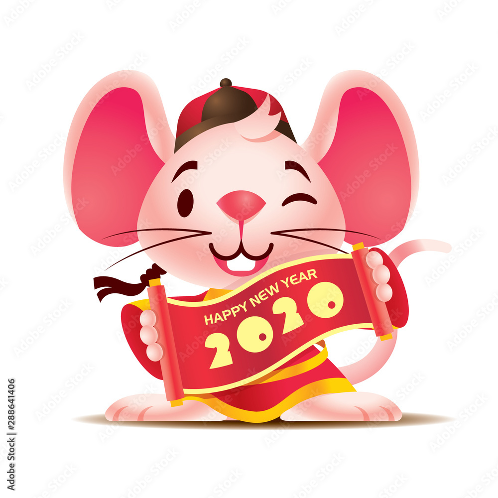 Cute happy white mouse with big ears with traditional Chinese jacket  holding Chinese scrolls. Chinese New Year 2020. The year of the Rat. -  Vector mascot character Stock Vector | Adobe Stock
