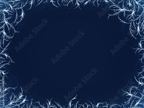 Winter frost ornament frame. Frozen glass with tangled ice crystals texture.