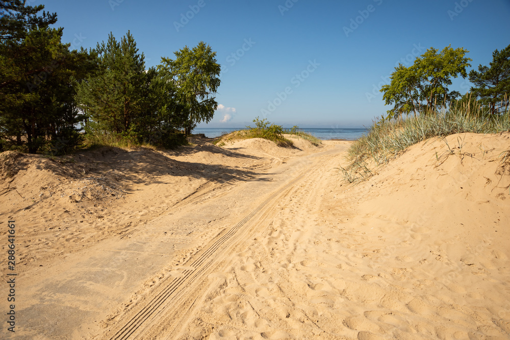 Road with tire marks sprinkled with sand going to the sea through the dunes