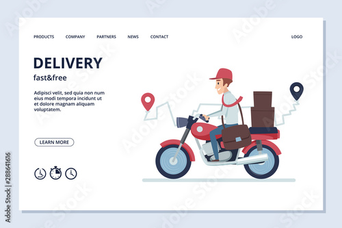 Delivery vector banner. Delivery man on motorcycle with parcels. Fast and free express, quick motorbike illustration