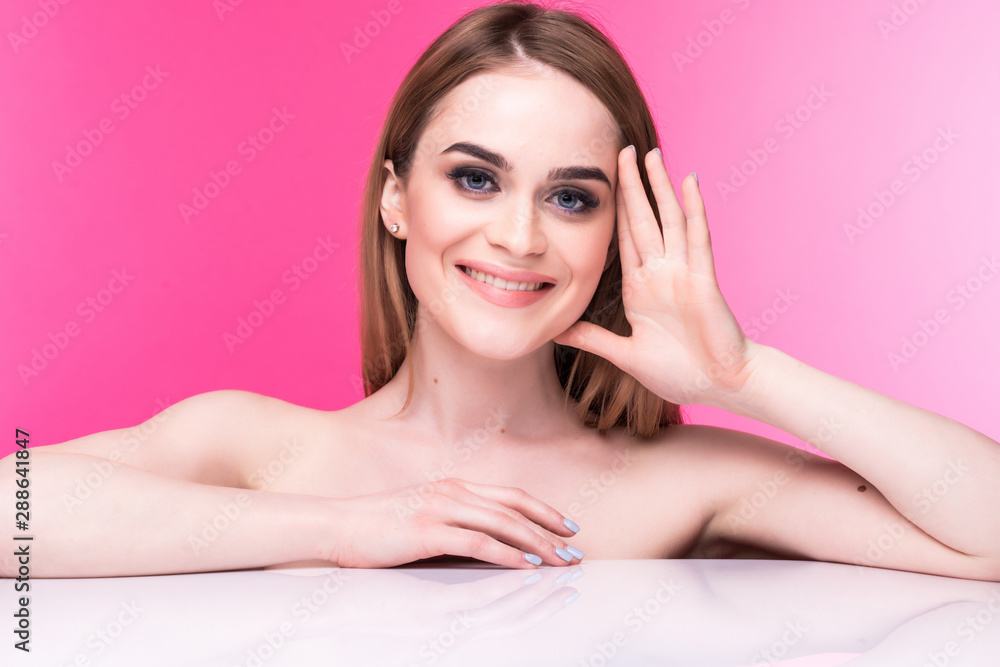 Beauty Woman. Beautiful Young Female Portrait isolated on pink Background. Healthcare. Perfect Skin. Beauty Face. Professional Makeup Beauty Woman. Beautiful Young Female Portrait isolated on pink Background. Healthcare. Perfect Skin. Beauty Face. Professional Makeup