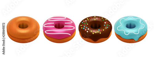 Sweet glazed donuts isolated on white background. Realistic donuts vector set. Sweet breakfast, colored donut dessert, bakery colorful illustration