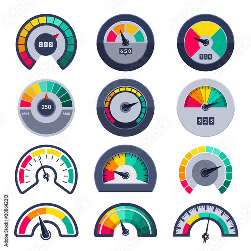 Speedometers symbols. Indicate level score meter indices measure vector templates. Illustration meter and level, gauge dial arrow