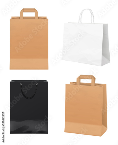 Paper bags. Empty store packages white black and craft paper merchandising identity bags vector realistic mockup. Bag package for shop, paper handbag mockup illustration