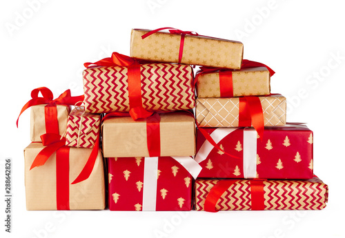 Gift boxes wrapped in craft paper isolated on white background