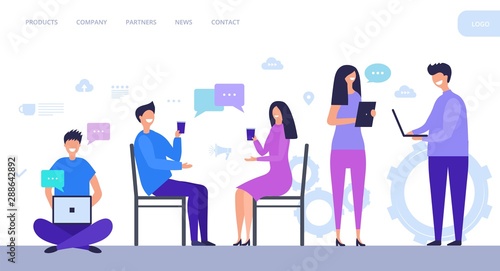 People communicate landing page. Women and men chat. Social media, communication vector page. Man and woman use internet and communication online