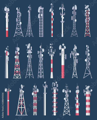 Wireless tower. Cellular wifi radio and tv cell communication towers with antena vector collection. Antenna radio communication, tower cellular network illustration