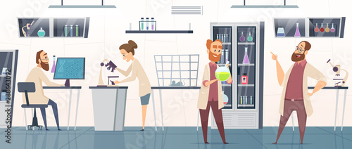 Scientific laboratory. Interior modern chemical pharmaceutical medical lab with people working innovation technology vector background. Medical pharmaceutical lab, research chemical illustration