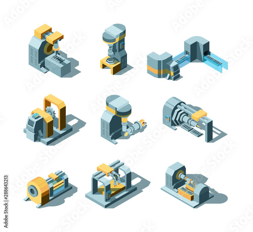 Industry machines. Machinery production working factory equipment grinder crane saw vector heavy industry isometric pictures. Industry equipment, machinery production, manufacturing illustration