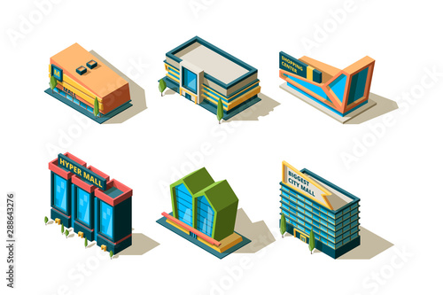 Mall isometric. Big modern buildings of shopping center different architectural city store vector collection. City architecture isometric store, business building, market exterior facade illustration