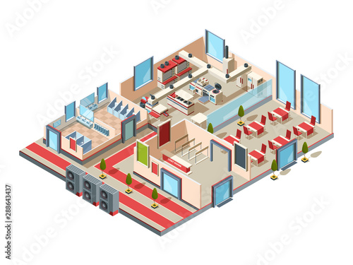 Restaurant interior. Cafe kitchen hall toilets and room with furniture and equipment for making food vector isometric design. Cafe interior, restaurant with kitchen and hall illustration