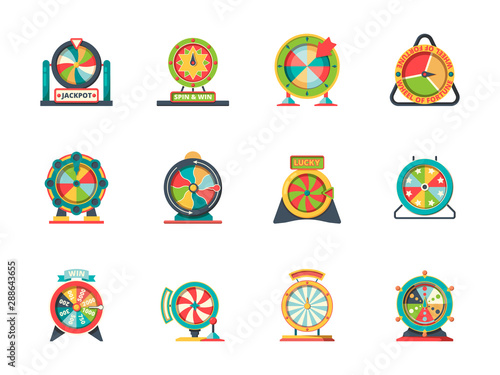 Wheel fortune icon. Circle objects of lucky spinning roulette vector lottery wheels collection. Fortune wheel for play, luck casino game illustration