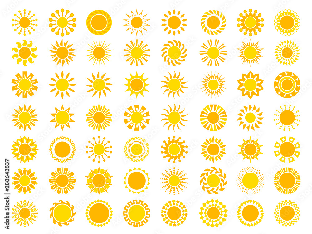 Sun collection. Yellow sunrise symbols nature vector stylized icon of sun. Illustration of set sun, sunshine yellow for weather app Sun collection. Yellow sunrise symbols nature vector stylized icon of sun. Illustration of set sun, sunshine yellow for weather app
