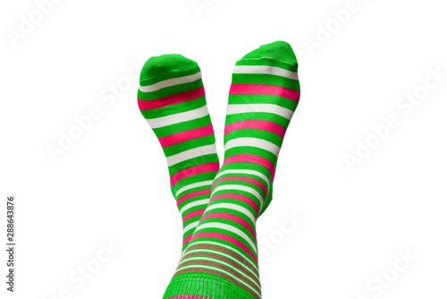 Woman in green socks isolated on white background. Top view.