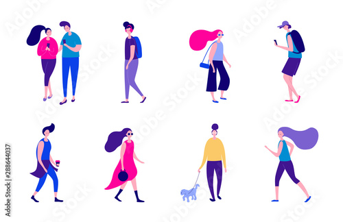 Vector illustration. People performing activity on the street - walking, running, going to the office. Group of male and female flat cartoon characters isolated on white background.