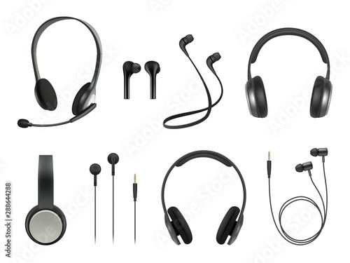 Headset realistic. Earbuds music modern equipment wireless headset vector collection. Illustration headset accessory, realistic equipment headphone with microphone
