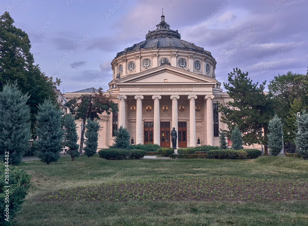  Exterior facade and gardens of the former Bucharest Athenaeum building in Bucharest, Romania, which is used as a theater for musical events
