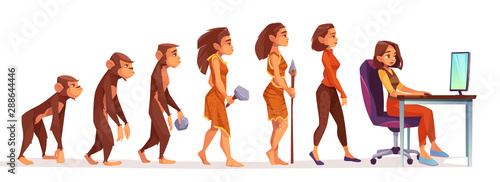 Human evolution from monkey to freelancer woman, time line Female character evolve steps from ape to uprights homo sapiens to girl at computer isolated on white background. Cartoon vector illustration