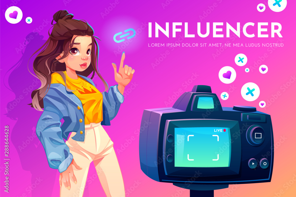 Influencer blogger girl in stylish clothes with crown print on t-shirt  pointing on link icon stand in front of recording video camera. Social  media live vlog broadcasting. Cartoon vector illustration Stock Vector |