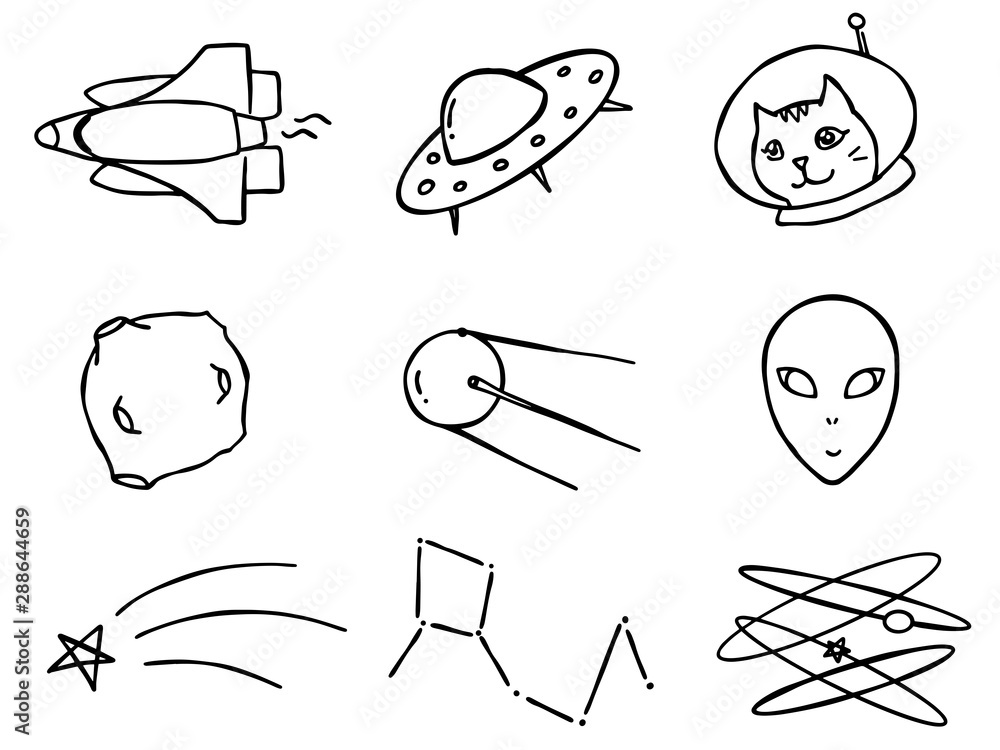 Space outline objects. Outline vector drawing. Funny cute hand ...