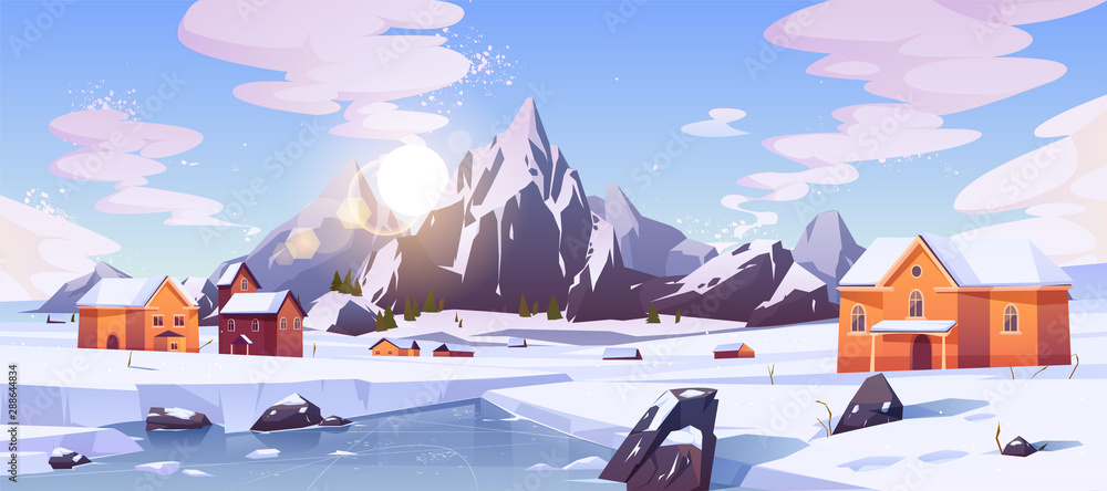 Winter mountain landscape with houses or chalet. Ski resort settlement with  spruce trees and snowy peaks in Canada or North Pole. Cottages for  wintertime holidays vacation Cartoon vector illustration Stock Vector |