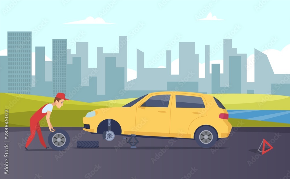 Roadside assistance. Vector tire fitting service. Cartoon car mechanic changing car wheels on road illustration. Auto repair, mechanic change tire, service assistance