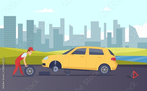 Roadside assistance. Vector tire fitting service. Cartoon car mechanic changing car wheels on road illustration. Auto repair  mechanic change tire  service assistance