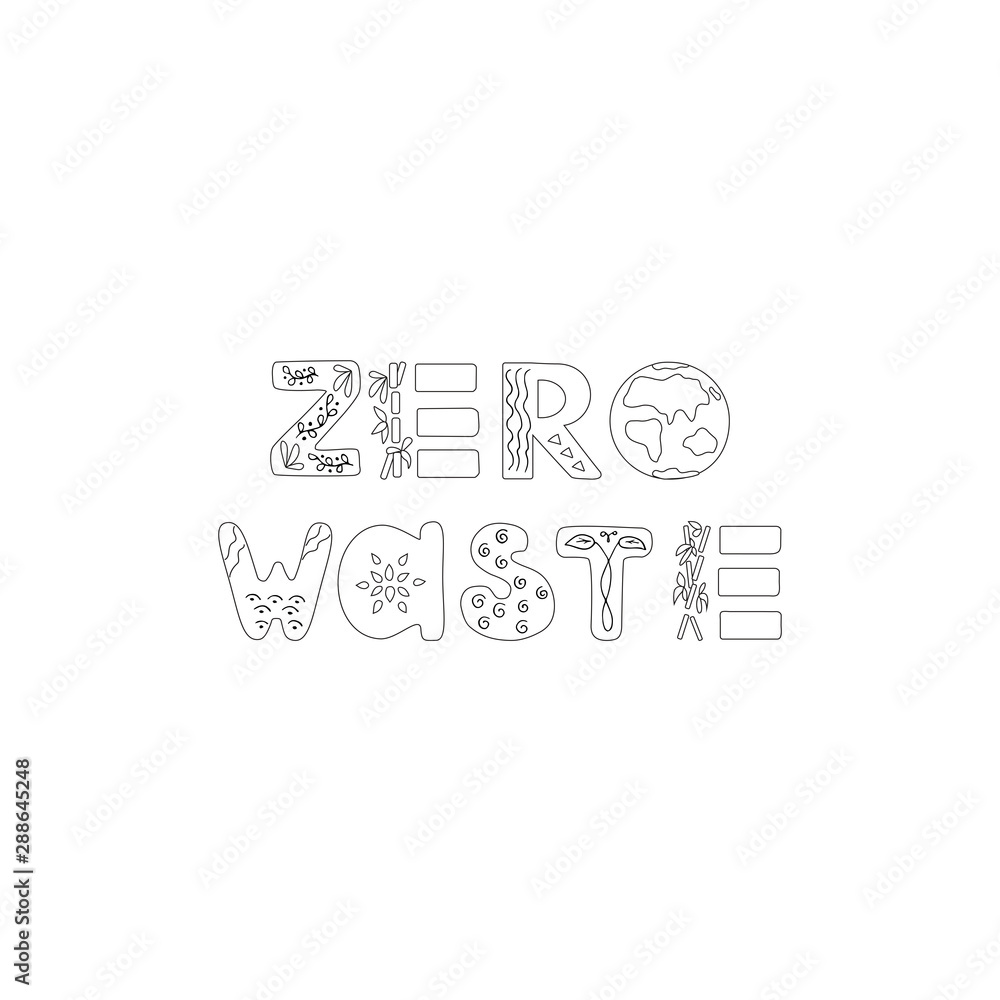 Zero waste logo or sign design template. Handwritten text title sign with green eco leaves. No plastic market. Vector illustration isolated on white background Zero waste logo or sign design template. Handwritten text title sign with green eco leaves. No plastic market. Vector illustration isolated on white background