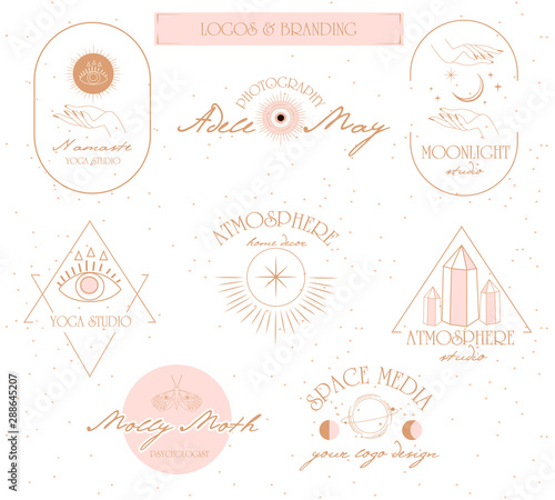 Collection of logos and icons in hand drawn style. Nature, Yoga, Skin care, Personal brand, psychology, astrology and esoteric concept illustration. Editable vector illustration.