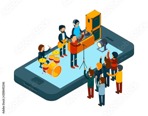 Online music concept. Music app for smartphone. Isometric online concert vector illustration. Online music smartphone app, mobile phone application
