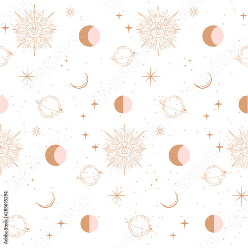 Seamless pattern with Astrology and Space concept. Minimalistic objects made in the style of one line. Editable vector illustration.