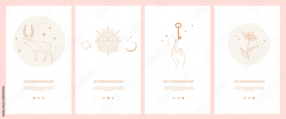 Collection of mystical and mysterious illustrations for Mobile App, Landing page, Web design in hand drawn style. Space and astrology concept. Minimalistic objects made in the style of one line. - obrazy, fototapety, plakaty 