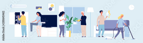Household people. Happy family mother father son cleaning their rooms making housework clean floor watering vector background. Illustration housekeeping, father and mom, boy and girl washing