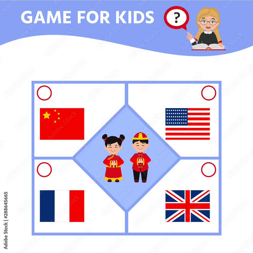 Education game for children.  Match of national costumes and flags. Activity sheet for pre sсhool years kids.