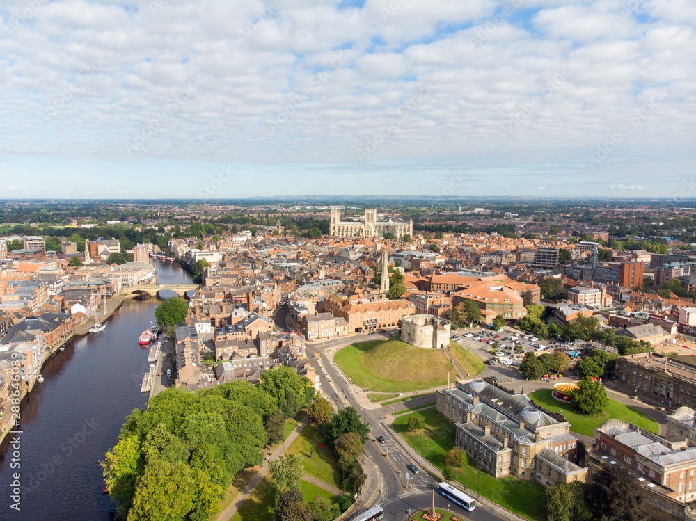 Aerial photo of the town of York located in North East England and founded by the ancient Romans, the photo shows the main town centre along the river.