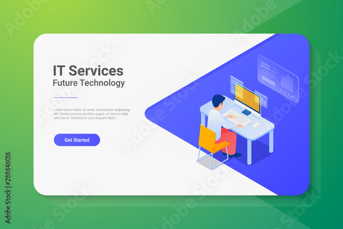 Man sitting at Table with Laptop Notebook Isometric flat illustration. Working Online freelance IT programmer concept.