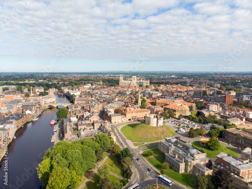 Aerial photo of the town of York located in North East England and founded by the ancient Romans  the photo shows the main town centre along the river.